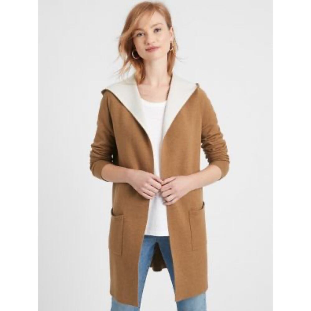 Banana Republic‎ hooded open front cardigan tan & cream color